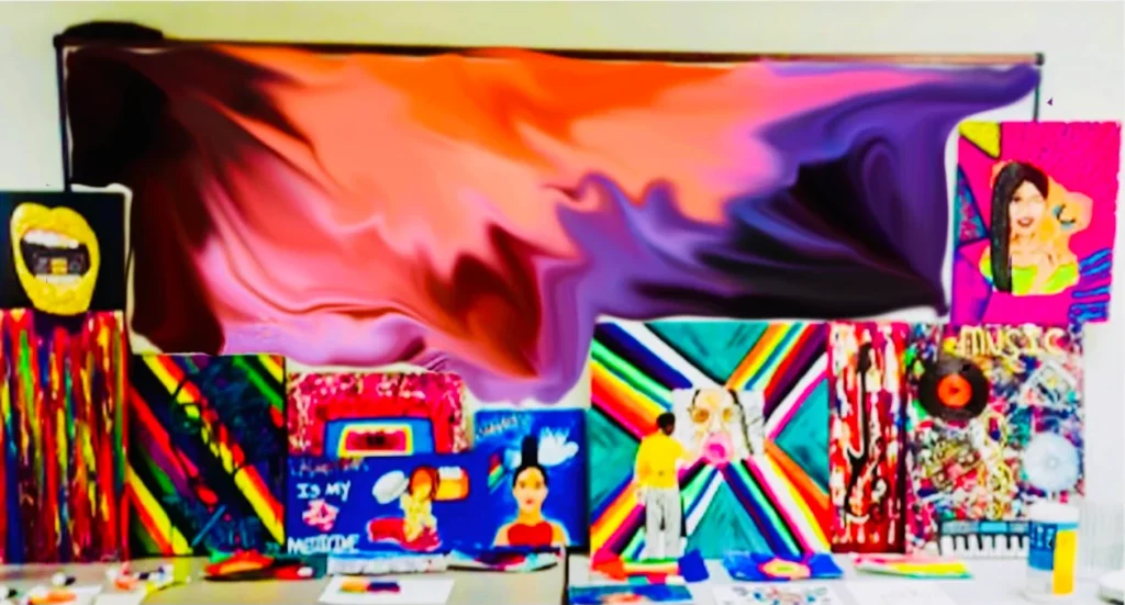 Colorful original artworks by Jay Boyer on display
