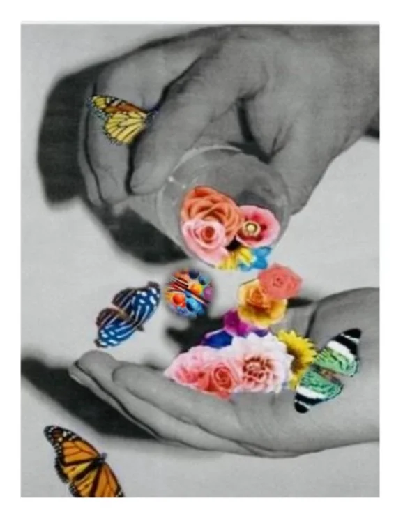 Hands holding flowers and butterflies