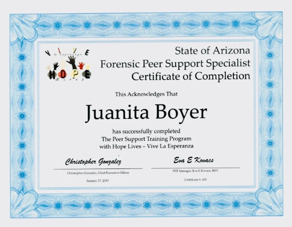State of Arizona Forensic Peer Support Specialist certificate of completion