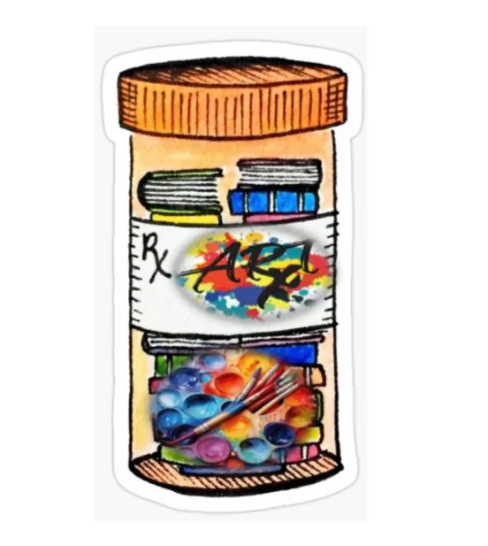 Illustration of a prescription bottle filled with art supplies