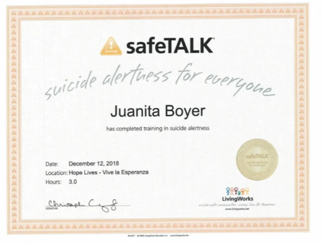 safeTALK suicide alertness training certificate